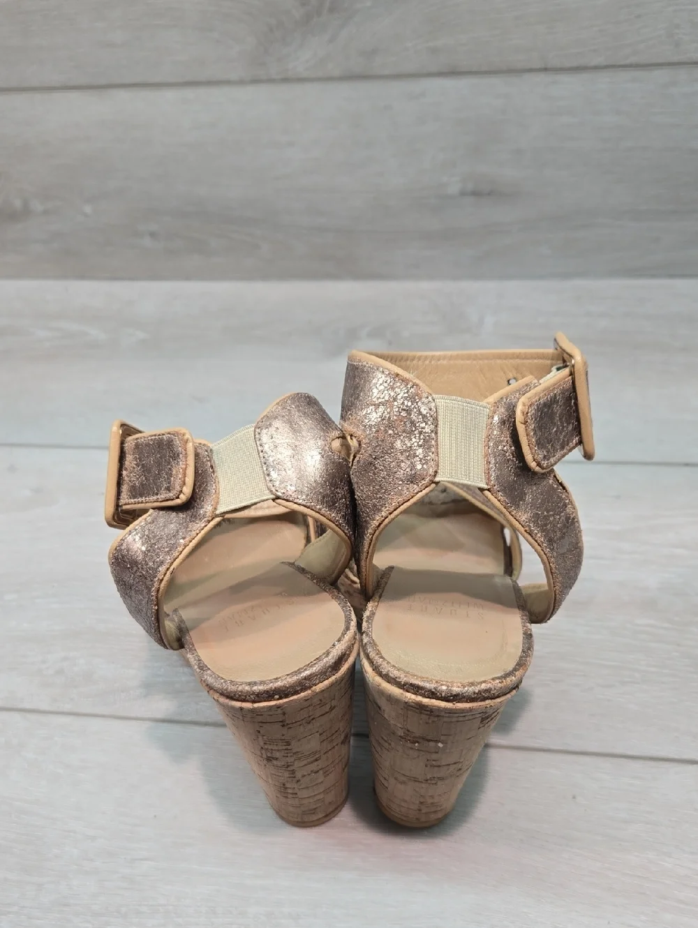 Stuart Weitzman Women Cork Wedge Sandals with Glitter Leather Straps Sz 6.5 - Picture 7 of 12